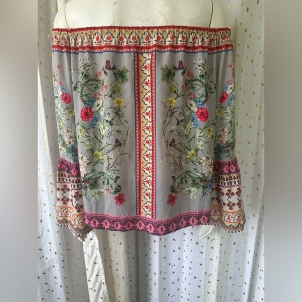 Umgee Boho Off Shoulder Floral Peasant Top Blouse Tunic Bell Sleeves Size M - Picture 5 of 6